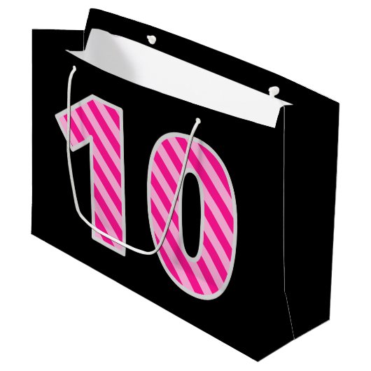 Leuk roze gestreept "10"; Gelukkige 10e verjaardag Groot Cadeauzakje (Voorkant Gekanteld)