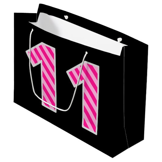 Leuk roze gestreept "11"; Gelukkige 11e verjaardag Groot Cadeauzakje (Voorkant Gekanteld)