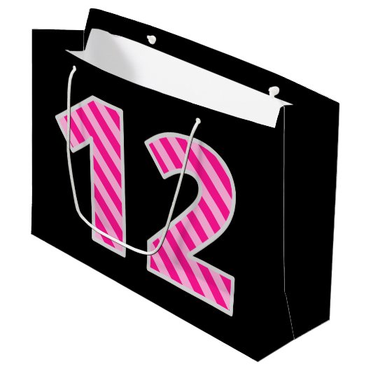 Leuk roze gestreept "12"; Gelukkige 12e verjaardag Groot Cadeauzakje (Voorkant Gekanteld)