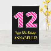 Leuk roze gestreept "12"; Gelukkige 12e verjaardag Kaart (Gele Bloem)
