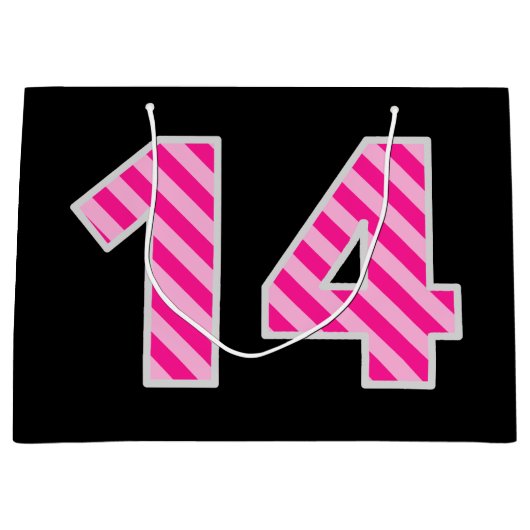 Leuk roze gestreept "14"; Gelukkige 14e verjaardag Groot Cadeauzakje (Voorkant)