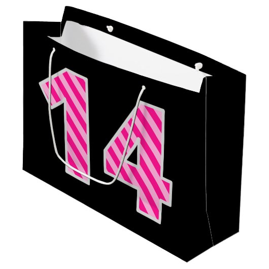 Leuk roze gestreept "14"; Gelukkige 14e verjaardag Groot Cadeauzakje (Voorkant Gekanteld)