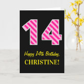 Leuk roze gestreept "14"; Gelukkige 14e verjaardag Kaart (Gele Bloem)