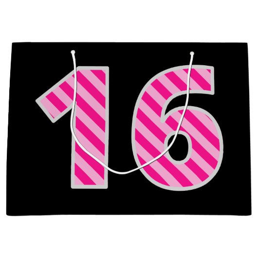 Leuk roze gestreept "16"; Gelukkige 16e verjaardag Groot Cadeauzakje (Voorkant)