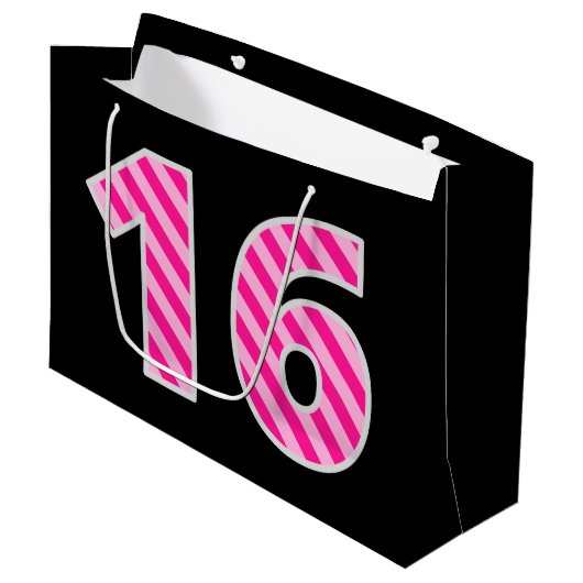 Leuk roze gestreept "16"; Gelukkige 16e verjaardag Groot Cadeauzakje (Voorkant Gekanteld)
