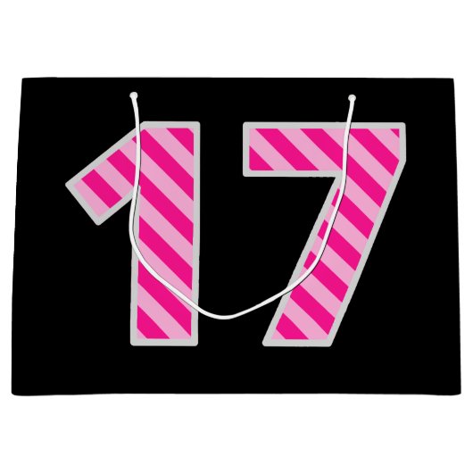 Leuk roze gestreept "17"; Gelukkige 17e verjaardag Groot Cadeauzakje (Voorkant)