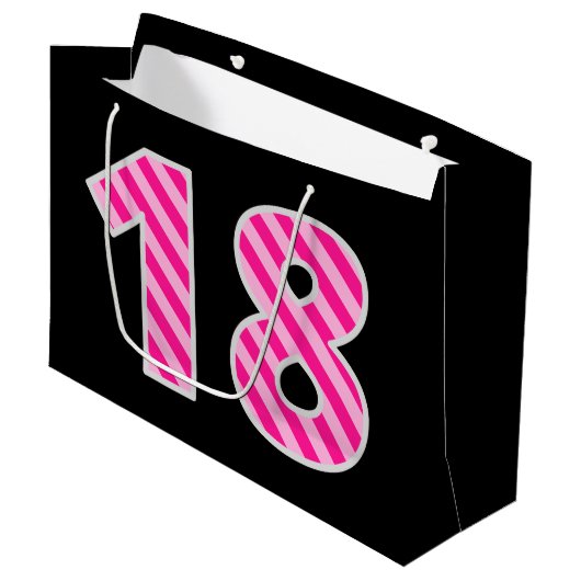 Leuk roze gestreept "18"; Gelukkige 18e verjaardag Groot Cadeauzakje (Voorkant Gekanteld)