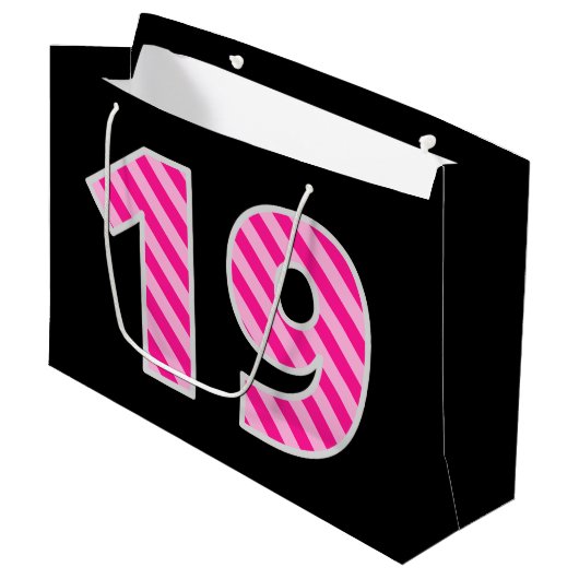 Leuk roze gestreept "19"; Gelukkige 19e verjaardag Groot Cadeauzakje (Voorkant Gekanteld)