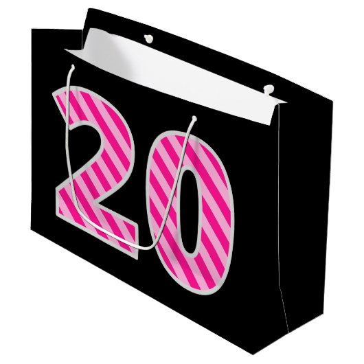 Leuk roze gestreept "20"; Gelukkige 20e verjaardag Groot Cadeauzakje (Voorkant Gekanteld)