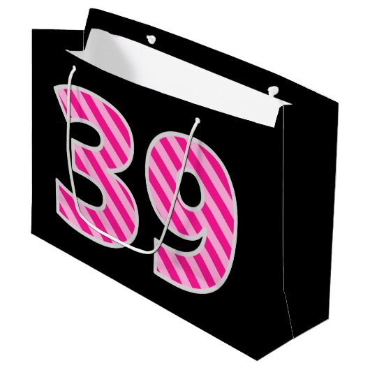 Leuk roze gestreept "39"; Gelukkige 39e verjaardag Groot Cadeauzakje (Voorkant Gekanteld)