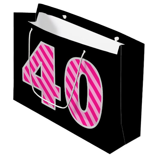 Leuk roze gestreept "40"; Gelukkige 40e verjaardag Groot Cadeauzakje (Voorkant Gekanteld)