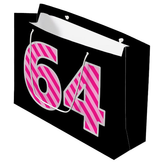 Leuk roze gestreept "64"; Gelukkige 64e verjaardag Groot Cadeauzakje (Voorkant Gekanteld)
