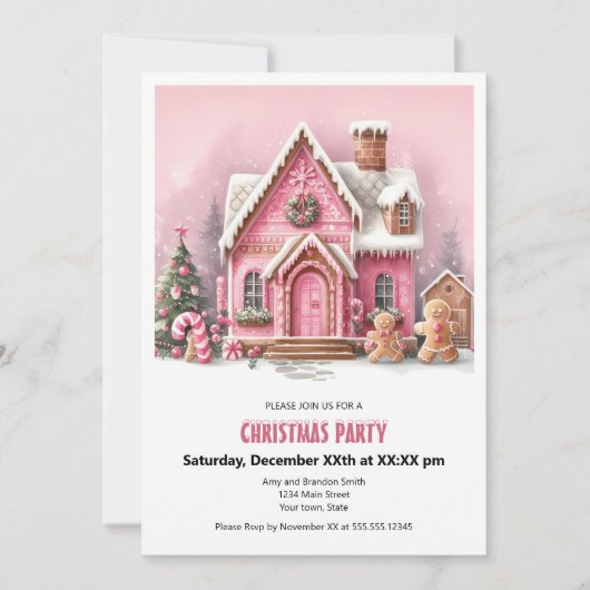 Leuk Roze Gingerbread House Kerstfeest Feestdagenkaart (Voorkant)