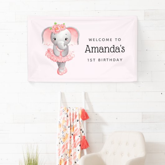 Leuk roze & grijs Olifant Ballerina Party Welkom Spandoek (Insitu)