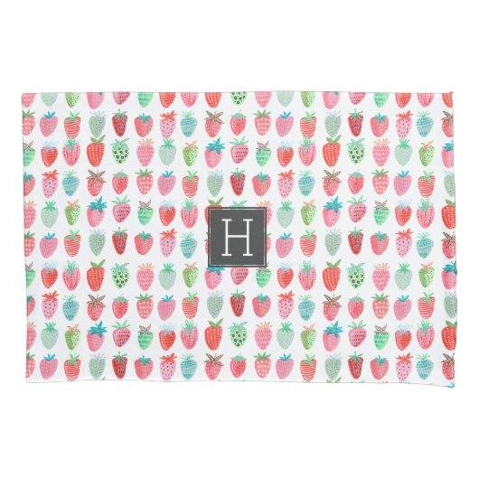 Leuk roze & rode aardbeimotief met monogram d kussensloop (Voorkant)