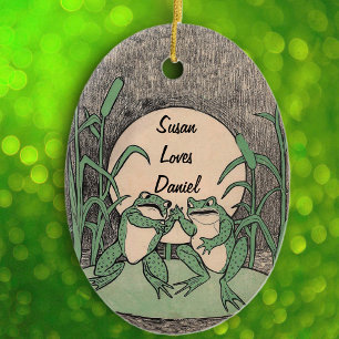 Leuk ruzie met Green Frog Couple op Lily Pad maan Keramisch Ornament