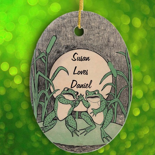 Leuk ruzie met Green Frog Couple op Lily Pad maan Keramisch Ornament