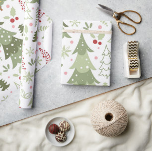 Leuk Schattige Rood Groen Pastel Bomen Kerst Cadeaupapier