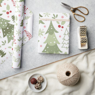 Leuk Schattige Rood Groen Pastel Bomen Kerst Cadeaupapier