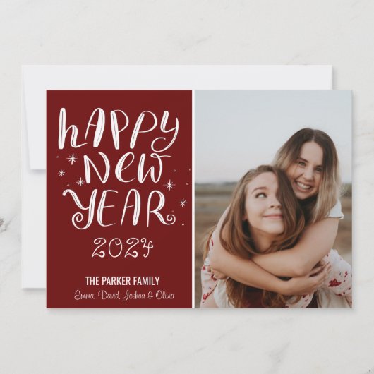 Leuk Script Gelukkig Nieuwjaar Foto Leuke Rode Str Feestdagenkaart (Voorkant)