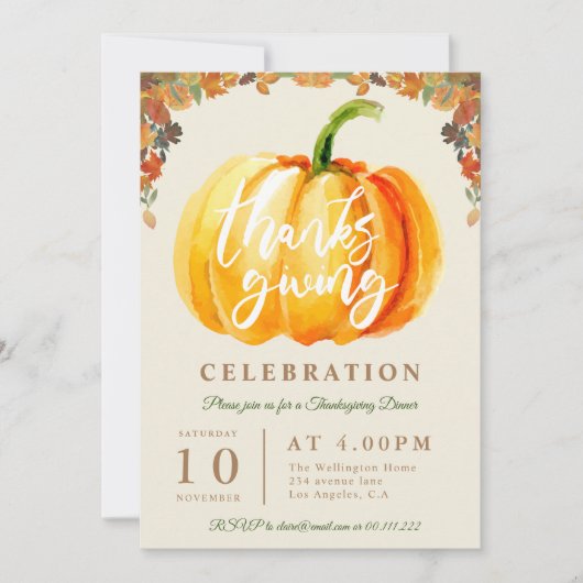 Leuk script waterverf pompoen Thanksgiving diner Kaart (Voorkant)