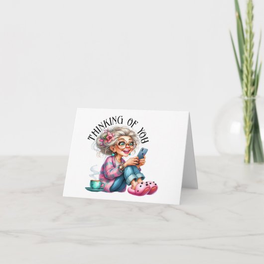 Leuk senior met mobiele telefoon versie 2 notitiekaartje (Voorkant)