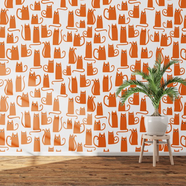 Leuk Sinaasappel en wit kattenpatroon Behang (Orange cats on white art wallpaper)