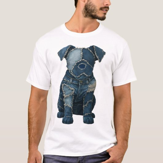 Leuk spijkerpatchwork kunst hond T-shirt (Voorkant)
