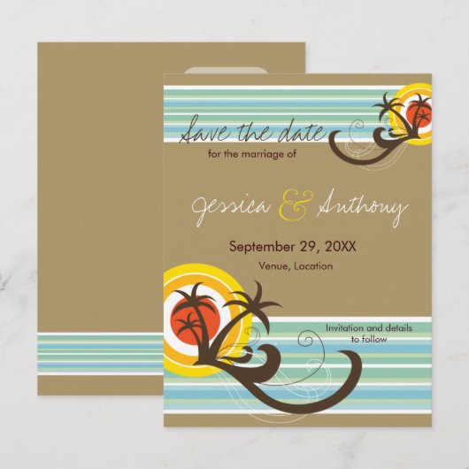 Leuk strand Tropische zonsondergang palmbomen spar Aankondigingskaart (Voorkant / Achterkant)