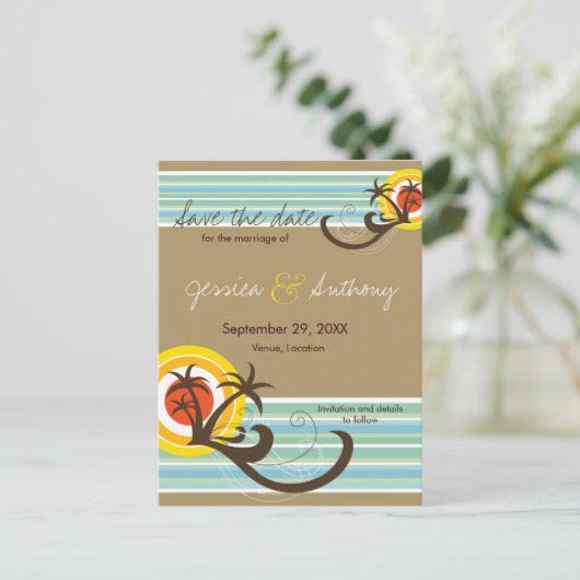 Leuk strand Tropische zonsondergang palmbomen spar Aankondigingskaart (Staand voorkant)