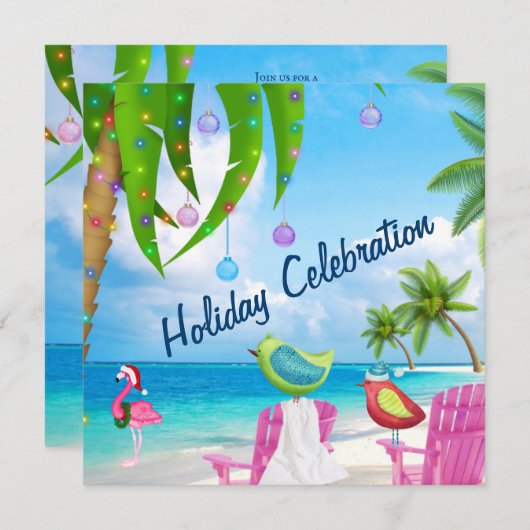 Leuk strand Winter Vogels Kerstfeest Uitnodiging (Voorkant / Achterkant)