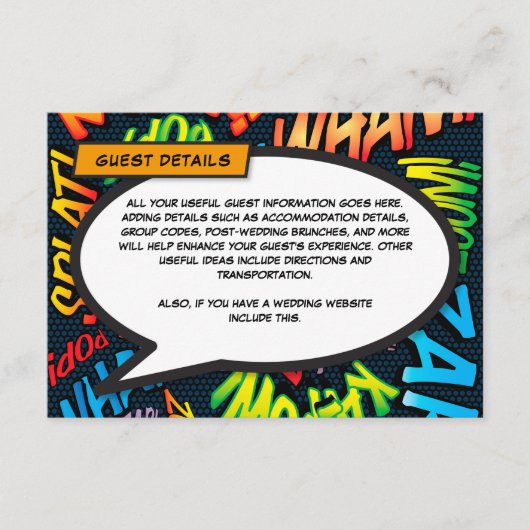 Leuk stripboek Bruiloft Accommodatie Details Informatiekaartje (Voorkant)