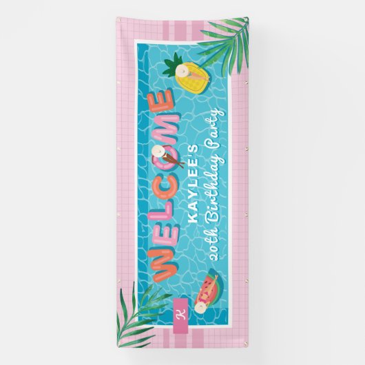 Leuk Tropisch Roze Zwembad Verjaardagsfeest Welkom Spandoek (Verticaal)