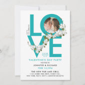 Leuk Turquoise Liefdesviering Script Foto Bloemen Kaart (Voorkant)