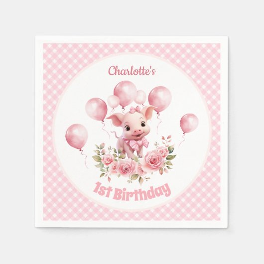 Leuk Varkensroze Boerderij Meisje 1e Verjaardagsfe Servet (Voorkant)
