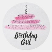 Leuk verjaardagsmeisje met cake ronde sticker (Voorkant)