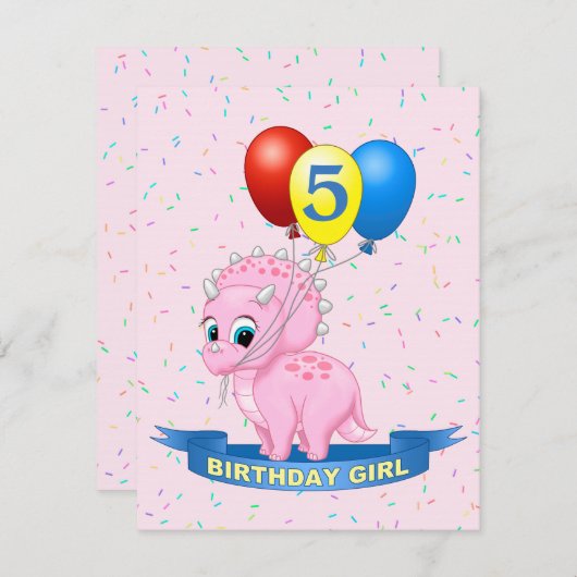 Leuk Verjaardagsmeisje Roze Baby Triceratops Dino Kaart (Voorkant / Achterkant)