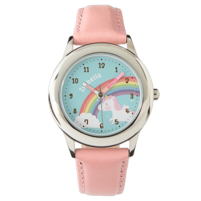 Leuk Vliegend Eenhoorn Rainbow Gepersonaliseerd ho Horloge (Voorkant)