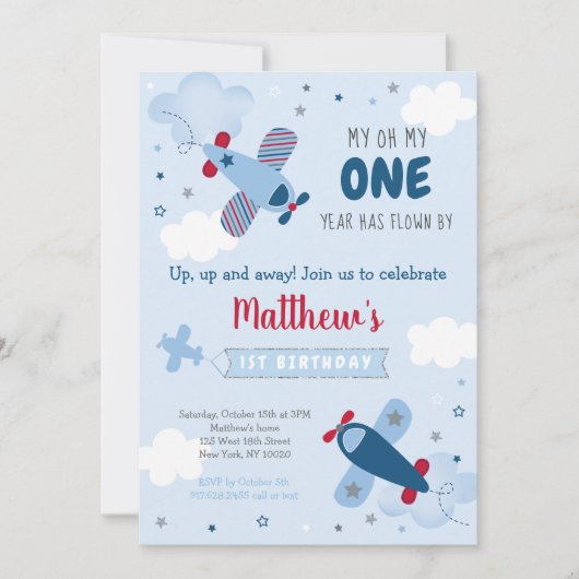 Leuk vliegtuig sterren wolken eerste verjaardag kaart (Voorkant)