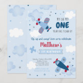 Leuk vliegtuig sterren wolken eerste verjaardag kaart (Voorkant / Achterkant)