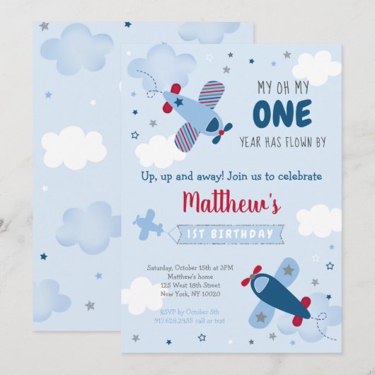 Leuk vliegtuig sterren wolken eerste verjaardag kaart (Voorkant / Achterkant)