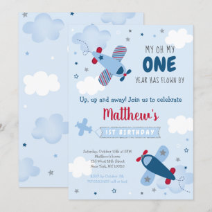 Leuk vliegtuig sterren wolken eerste verjaardag kaart