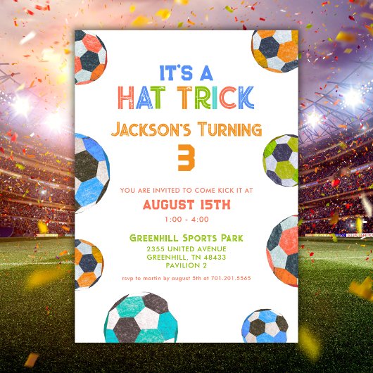 Leuk Voetbal Pet Trick 3e Verjaardagsuitnodiging Kaart