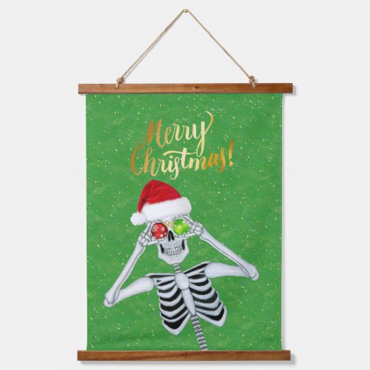 Leuk Vrolijk Kerstmis Skelet Groen Goud Kerstman H Hangend Wandkleed (Voorkant)