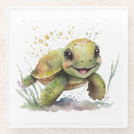 Leuk vrolijk schildpad glas Onderzetter (Voorkant)