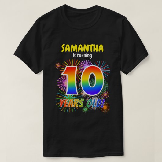 Leuk Vuurwerk, Regenboogblik "10", 10de Verjaardag T-shirt (Design voorkant)