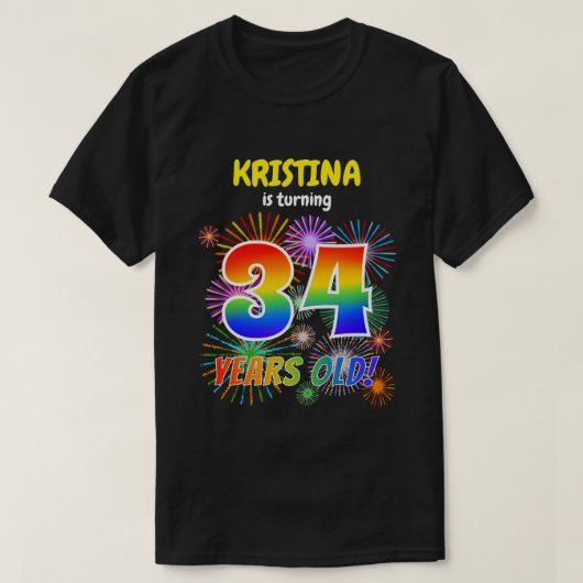 Leuk Vuurwerk, Regenboogblik "34", 34e Verjaardag T-shirt (Design voorkant)