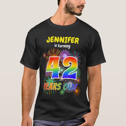 Leuk vuurwerk, regenbooglook "42", 42e verjaardag t-shirt (Voorkant)