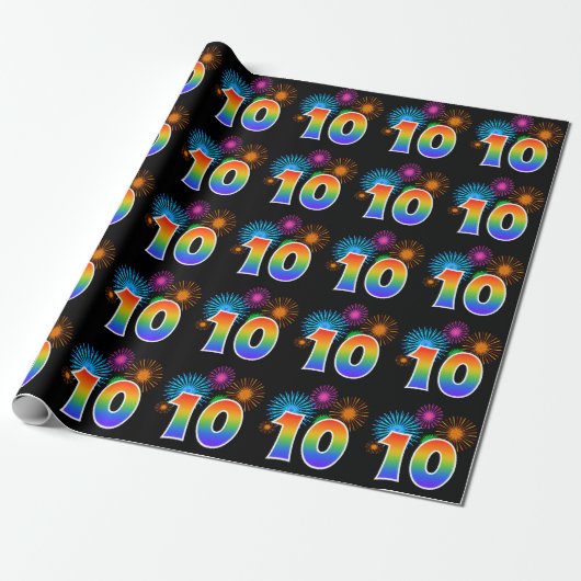 Leuk vuurwerk + regenboogpatroon "10" Evenementnum Cadeaupapier (Uitgerold)