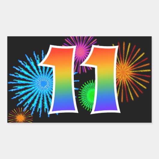 Leuk vuurwerk + regenboogpatroon "11" Evenementnum Rechthoekige Sticker (Voorkant)